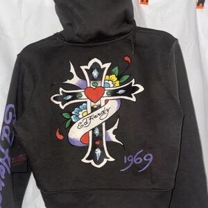 Ed Hardy dark gray Hoodie with Vibrant Cross design Womens xlarge new